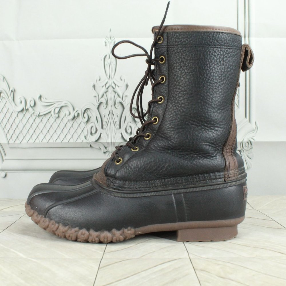 LL BEAN 10" Black Leather Fleece-Lined Slate Plaid PrimaLoft Duck Boots 9 M